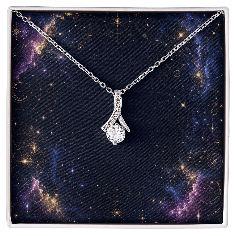 Starlit Self Radiant Ribbon Necklace – Cubic Zirconia Pendant in 14K White Gold or 18K Gold Finish