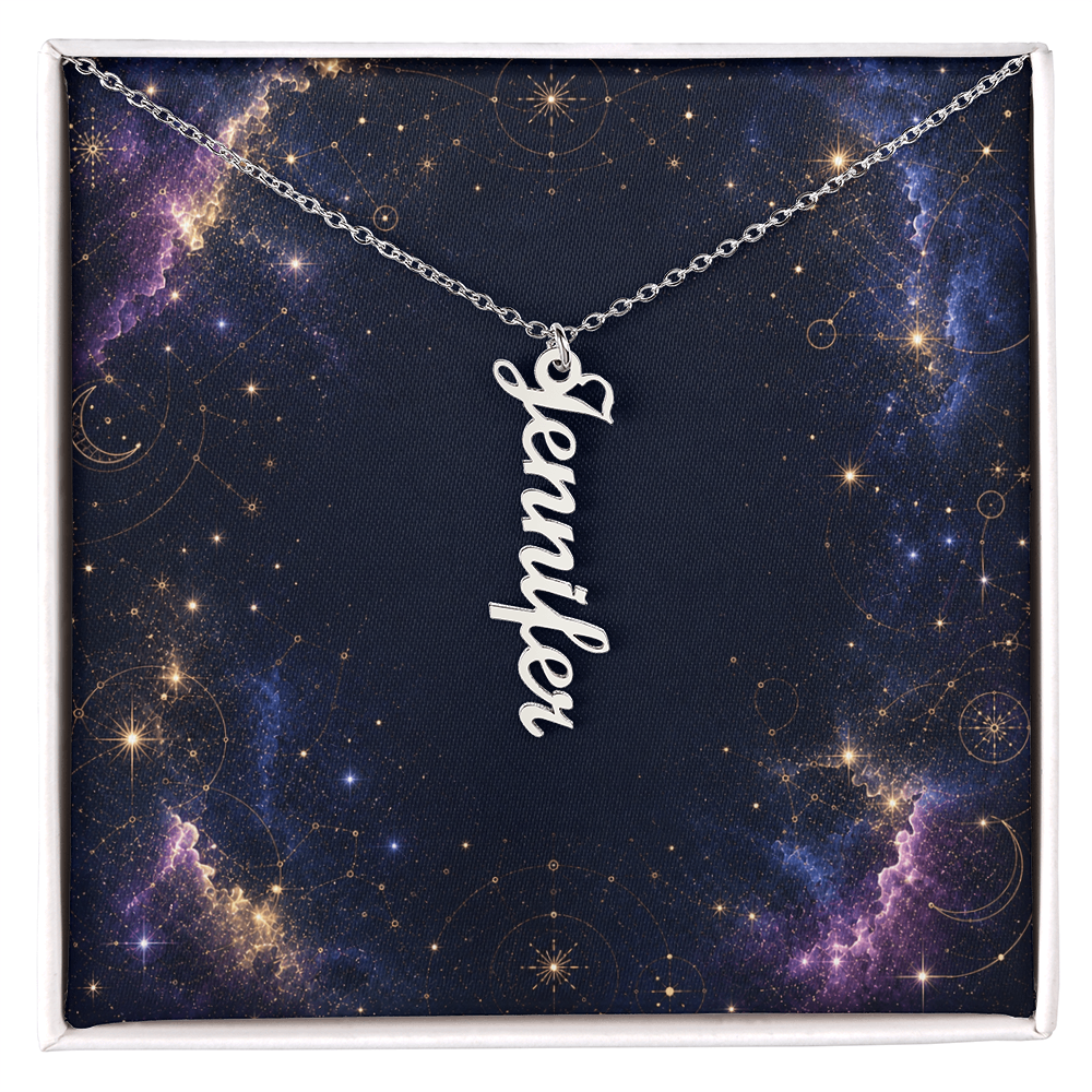 Starlit Self Vertical Name Necklace – Personalized Cursive Name Pendant in Stainless Steel or 18K Gold Finish