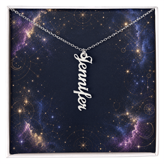 Starlit Self Vertical Name Necklace – Personalized Cursive Name Pendant in Stainless Steel or 18K Gold Finish