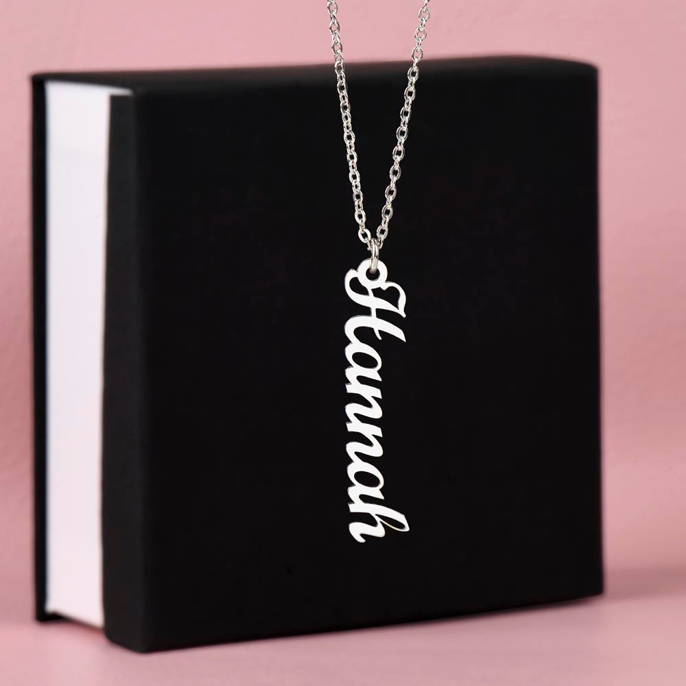 Starlit Self Vertical Name Necklace – Personalized Cursive Name Pendant in Stainless Steel or 18K Gold Finish