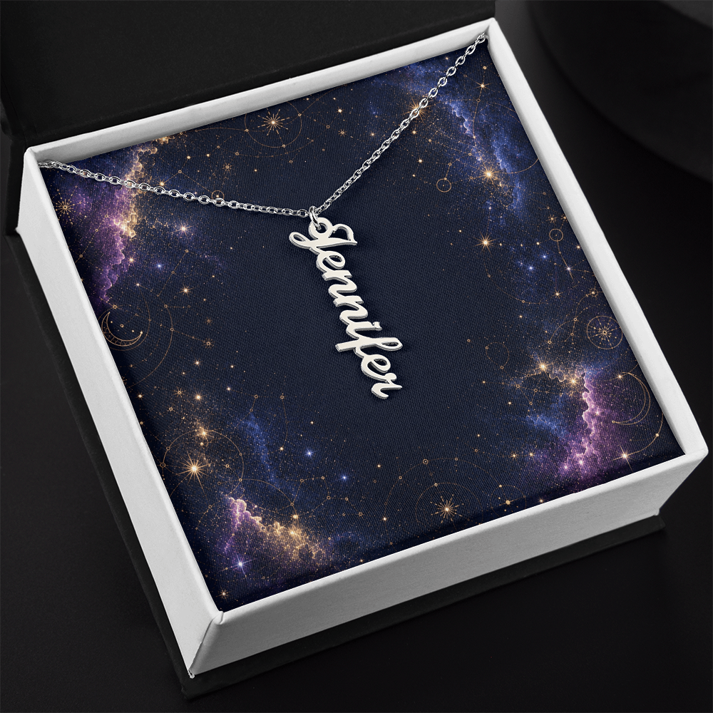 Starlit Self Vertical Name Necklace – Personalized Cursive Name Pendant in Stainless Steel or 18K Gold Finish