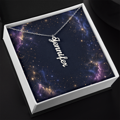 Starlit Self Vertical Name Necklace – Personalized Cursive Name Pendant in Stainless Steel or 18K Gold Finish