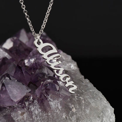 Starlit Self Vertical Name Necklace – Personalized Cursive Name Pendant in Stainless Steel or 18K Gold Finish