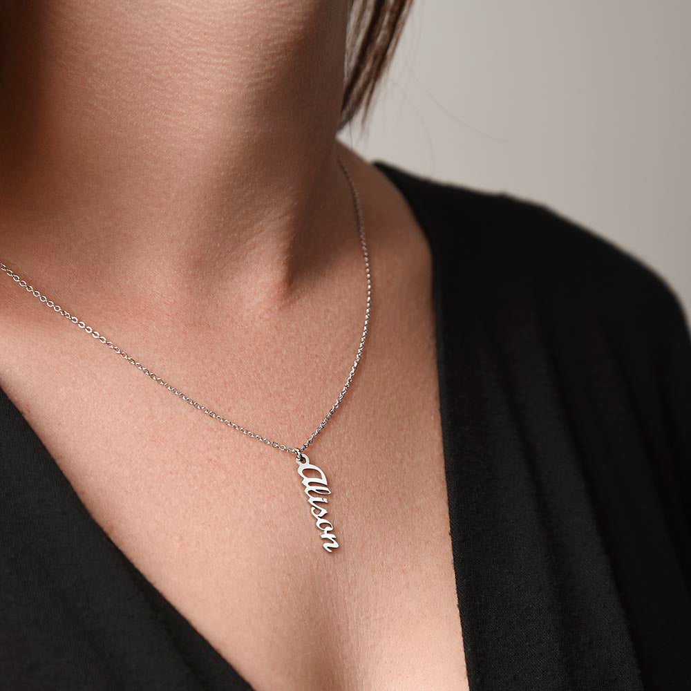 Starlit Self Vertical Name Necklace – Personalized Cursive Name Pendant in Stainless Steel or 18K Gold Finish
