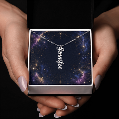 Starlit Self Vertical Name Necklace – Personalized Cursive Name Pendant in Stainless Steel or 18K Gold Finish