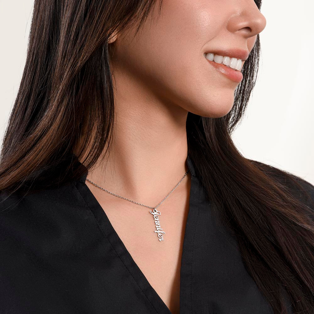 Starlit Self Vertical Name Necklace – Personalized Cursive Name Pendant in Stainless Steel or 18K Gold Finish