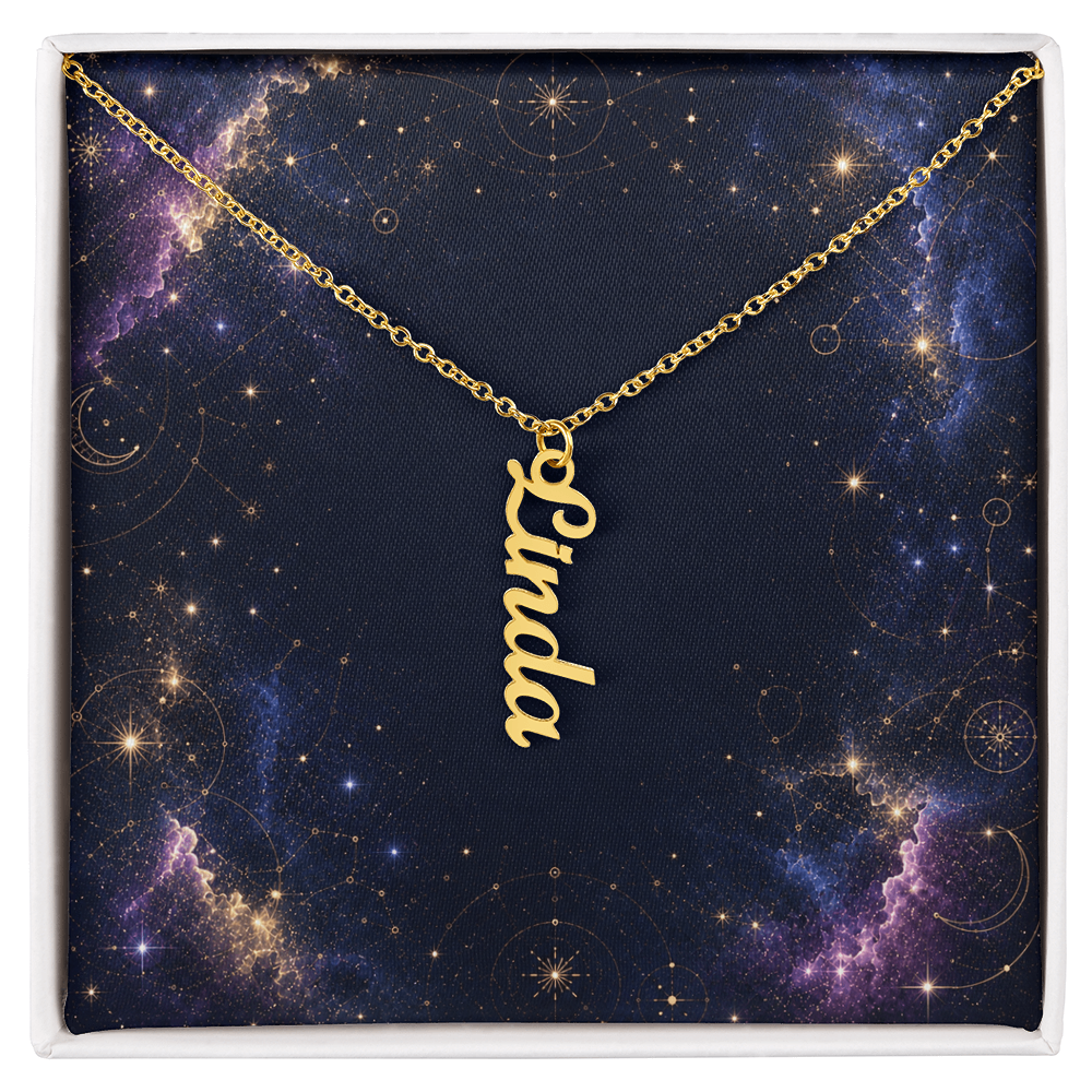 Starlit Self Vertical Name Necklace – Personalized Cursive Name Pendant in Stainless Steel or 18K Gold Finish