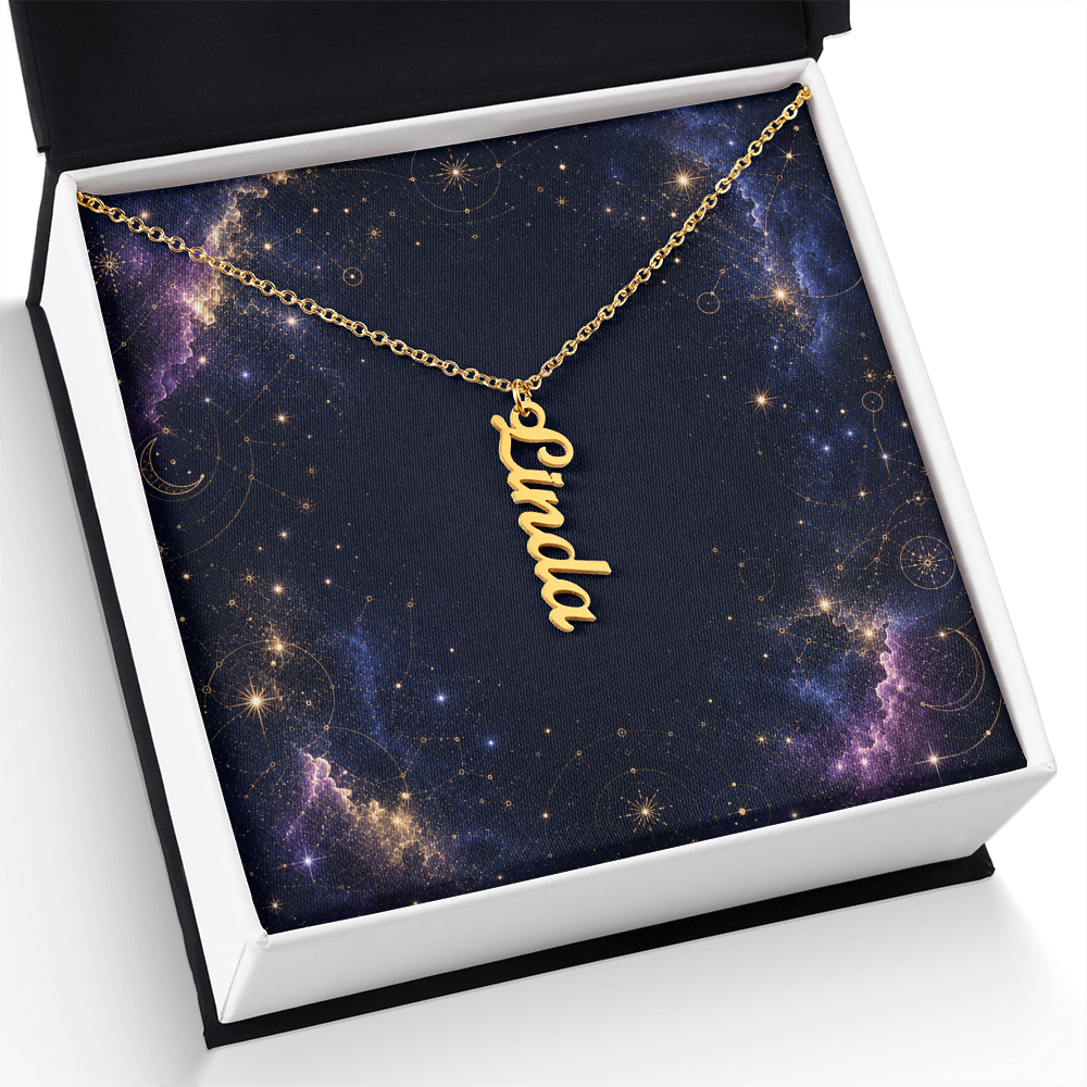 Starlit Self Vertical Name Necklace – Personalized Cursive Name Pendant in Stainless Steel or 18K Gold Finish