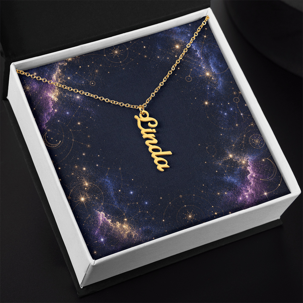 Starlit Self Vertical Name Necklace – Personalized Cursive Name Pendant in Stainless Steel or 18K Gold Finish