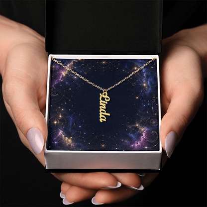 Starlit Self Vertical Name Necklace – Personalized Cursive Name Pendant in Stainless Steel or 18K Gold Finish