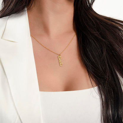 Starlit Self Vertical Name Necklace – Personalized Cursive Name Pendant in Stainless Steel or 18K Gold Finish