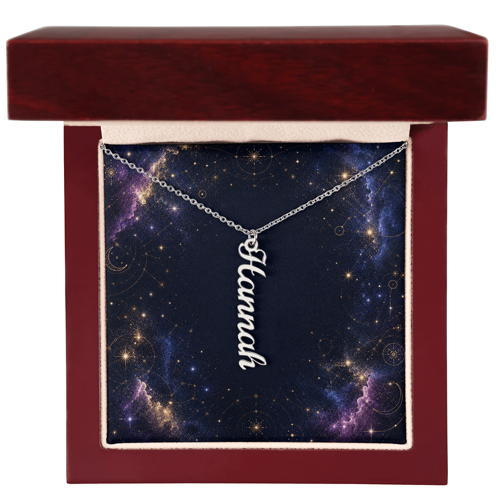 Starlit Self Vertical Name Necklace – Personalized Cursive Name Pendant in Stainless Steel or 18K Gold Finish