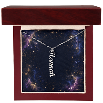 Starlit Self Vertical Name Necklace – Personalized Cursive Name Pendant in Stainless Steel or 18K Gold Finish