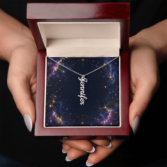 Starlit Self Vertical Name Necklace – Personalized Cursive Name Pendant in Stainless Steel or 18K Gold Finish