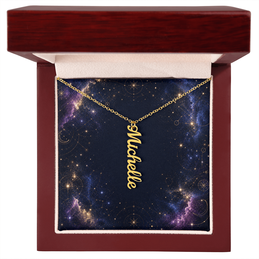 Starlit Self Vertical Name Necklace – Personalized Cursive Name Pendant in Stainless Steel or 18K Gold Finish