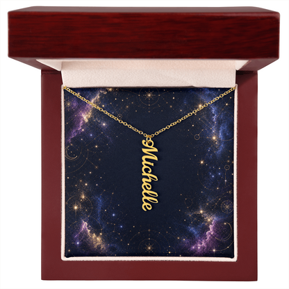 Starlit Self Vertical Name Necklace – Personalized Cursive Name Pendant in Stainless Steel or 18K Gold Finish