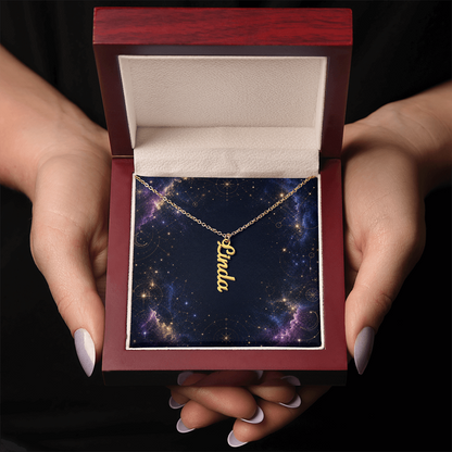 Starlit Self Vertical Name Necklace – Personalized Cursive Name Pendant in Stainless Steel or 18K Gold Finish